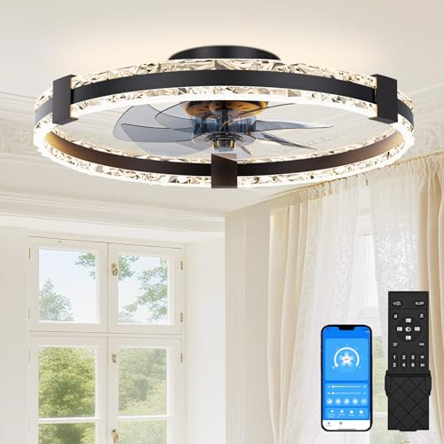 SUNKENET Ceiling Fans with Lights and Remote, 50cm LED Fan Ceiling Light, 3000K-6500K Dimmable Smart Ceiling Fan Light, 6 Wind Speeds & Reversible, Black Queit Fan Light Ceiling for Bedroom