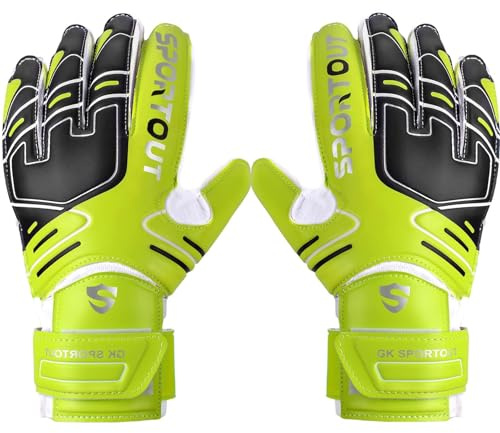 Sportout Guanti da portiere, guanti da calcio con Fingersave, guanti da portiere per bambini, con lattice antiscivolo da 4 mm, guanti da portiere per bambini, adulti e ragazzi (verde, 5)