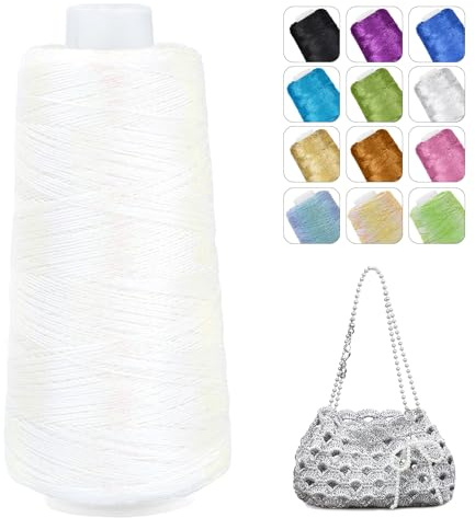 CAMAL Glitzer Makramee Garn 1mm x 475m Metallic-Garn zum Häkeln, 200g Luxuriöses Polyester Garn 3-lagiger Kern Häkelgarn für Taschen, Mützen, DIY Dekorationen (Weiß)
