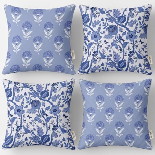 Vargottam Set di 4 federe per cuscino in cotone, 18 x 18 cm, stampa con cerniera nascosta, motivo double face, blu, motivo floreale