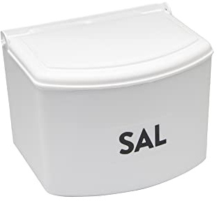 Salière en plastique avec couvercle blanc, idéale pour garder le sel frais, facile à utiliser et à nettoyer, design moderne et fonctionnel.