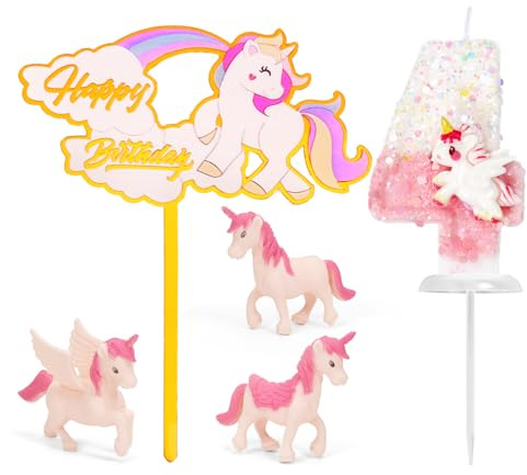 Geburtstagskerzen Zahlen 4,Einhorn Kerzen Geburtstag Deko,4 Geburtstag Mädchen Kuchendeko,Einhorn Thema Geburtstagdeko Party Zubehör