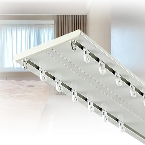 Vorhangschiene 2-Läufige Ultra Dünn Doppelreihige Gardinenschiene Aus Aluminium Gardinenleisten Für Wohnzimmer Schlafzimmer Vorhänge Decken-Montage(White,150cm)