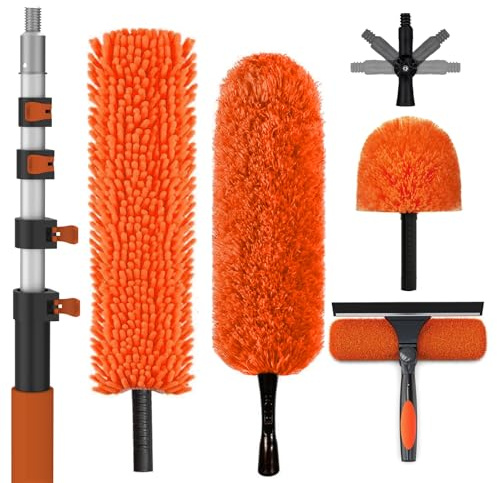 SISUPASSIE 9m Extendable Feather Duster Kit, Long Handled Dusters for Cleaning with Professional Extendable Pole, Long Reach Washable Duster for Cleaning Windows Cobwebs Ceilings Fans