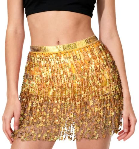 AYBUY Gonna con Paillettes Nappe, Gonna di Paillettes Wrap, Danza del Ventre con Nappe per donne e ragazze per Festival Club Rstate Spiaggia Carnevale di Halloween Mini Gonne, Oro