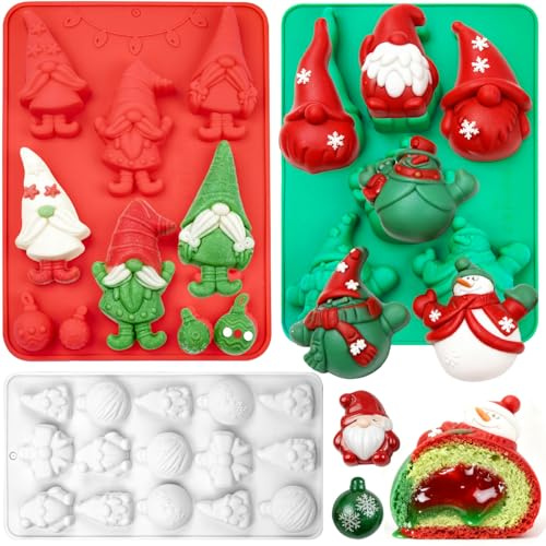 Christmas Silicone Mold for Baking 3 Pack, 3D Christmas Gnome Candy Chocolate Molds Holiday Mini Pie Mould with Christmas Bell Shape for Mini Cakes, Handmade Soap, Chocolate, Jello, Candy and Candles
