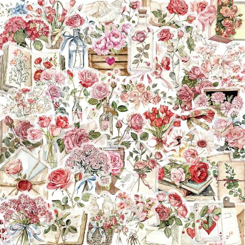 100Pcs Flower Scrapbook Stickers,2 Sheets Self-Adhesive Transparent Flower Stickers Scrapbook Sticker for Adult Card Making Water Bottle Scrapbook Supplies