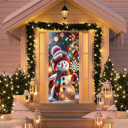 RUILBJM 3D Weihnachts Türvorhang mit Gummizug, 210 x 90 cm, für Drinnen Draußen Schlafzimmer Büro, Niedliches Cartoon Schneemann Weihnachtsmann Motiv Hintergrund Türabdeckung (Color 7,90cmx210cm)