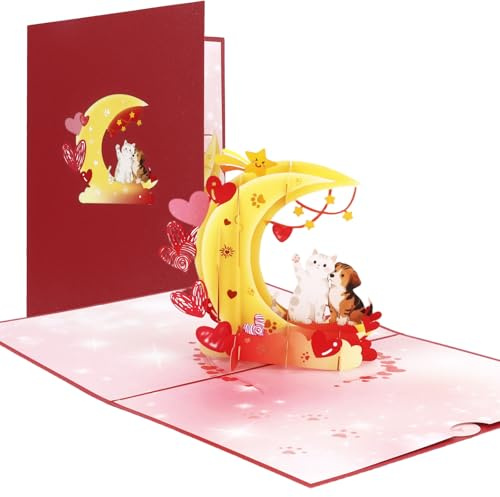 Esitrormi 3D Pop Up Valentinskarte Geburtstagskarte - Mond Katze Hund Design mit Umschlag für Hochzeitstag Muttertag Genesung Dankesgeschenk, Geschenke für Sie Ihn Frau Mann Freundin Freund Mama Papa