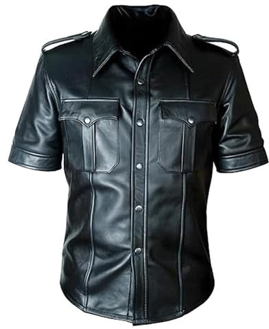 MAXATTIRE Camicia da uomo in pelle nera a maniche corte stile poliziotto - Giacca militare slim fit premium, Nero - Vera Pelle, M