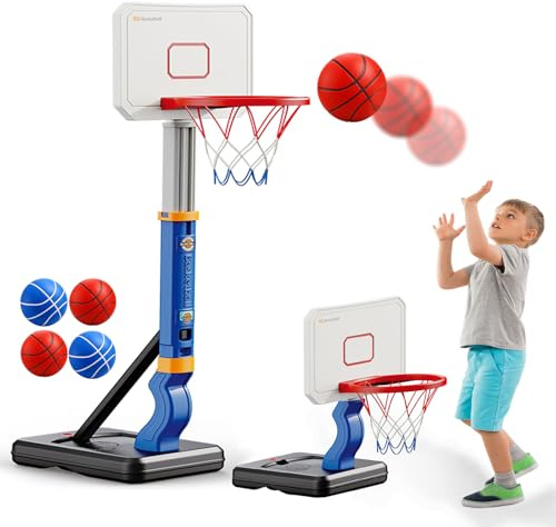 Kids Basketball Hoop and Stand, Adjustable 64-133 cm Toddler Basketball Set with 4 Balls and Inflator, Indoor Outdoor Basketball Hoop with Water or Sand Filled Base, Gift for Boys Girls Age 3-8