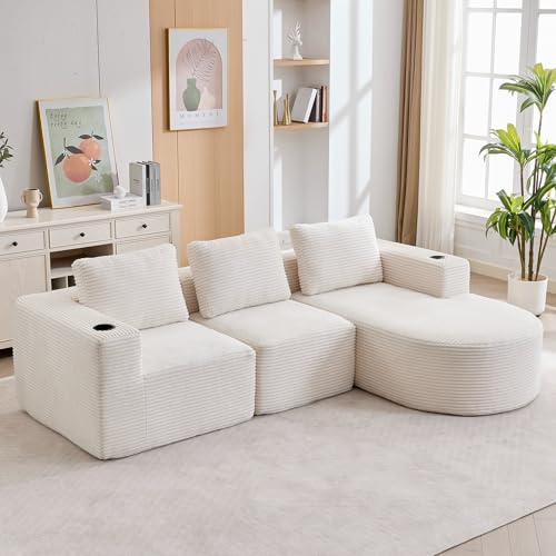Koaris Modulsofa Cordstoff, 3-Sitzer mit Recamiere, frei kombinierbar, Tiefsitz, Getränkehalter, ohne Montage (Weiß)