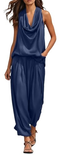 Traje de verano para mujer, de dos piezas, tops sin mangas y pantalones de talle alto con cuello caído, de color liso, moderno, elegante, conjunto de negocios, informal, atuendo de verano, cuello en V