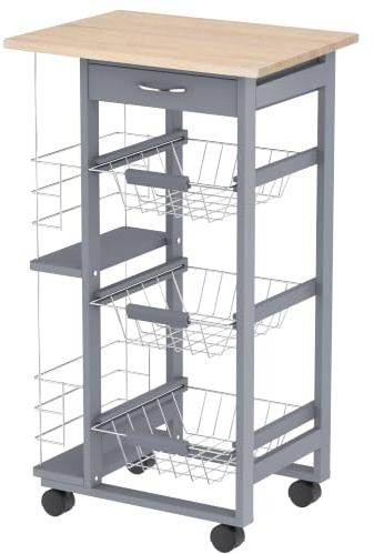 HOMCOM Carrito Auxiliar con Ruedas, 3 Cestas Metálicas, 47x37x83 cm, Gris | Carrito de Cocina, Cajón, 2 Especieros, Estructura de Madera de Pino, para Verduras y Frutas, para Comedor