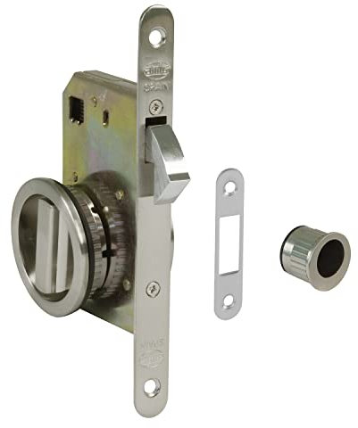 Amig - Serratura da incasso Mod.611 con stampella e maniglia per porte scorrevoli in legno di spessore 35-40 mm - Ingresso: 50 mm - Finitura in acciaio cromato opaco