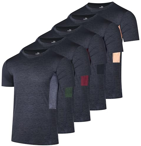 Men's Quick Dry Fit Shirt Short Sleeve Top Active Wear Training Athletic Base Layer Crew T-Shirt Fitness Rugby Gym Wicking Tee Workout Football Sports Running Exercise Undershirt - 5 Pack,Set 7-L