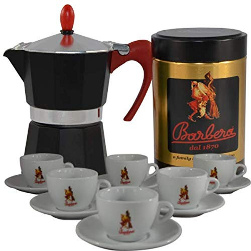 Caffè Barbera Moka da 3 Tazze - Caffettiera Classica + Can 250g di Caffè Macinato + Set Tazzine – Idea Regalo