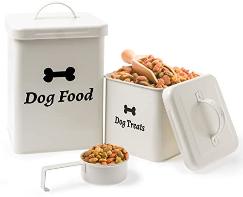 2 Pack Dog Food Storage Container, White Pet Food Storage Containers Airtight Pet Treat Storage Container with Lid & Scoop, Dog Food Tin for Storing Dry Food Biscuit Treats(5lbs, 2.5lbs)