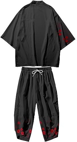 Doslavida - Set cardigan kimono giapponese da uomo, stile cinese, stampato, giacca e pantaloni, aperto sul davanti, a sette maniche, XXL
