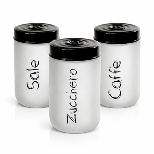 MECSAL CASALINGHI Set 3 Barattoli Contenitori, Tris Sale Zucchero Caffè, in Vetro Bianco Satinato, Decoro Stile Shabby