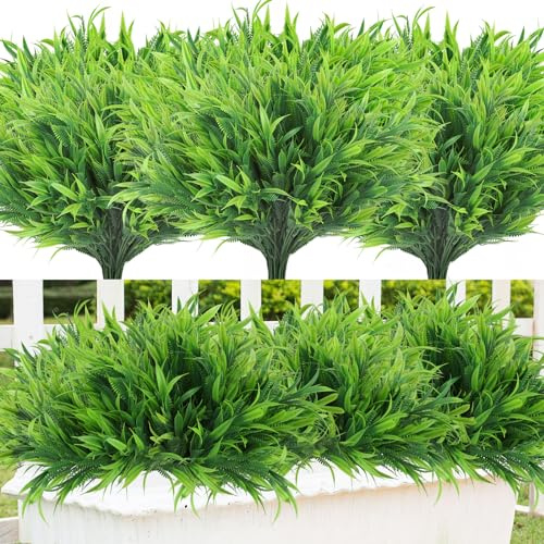 8 Bundles Artificial Plants Outdoor Fake Boston Ferns Greenery Grass Stems | UV Resistant Faux Shrub Bushes, Faux Ferns, Plastic Plants for Garden Yard Porch Planter Window Box Decoration, Green