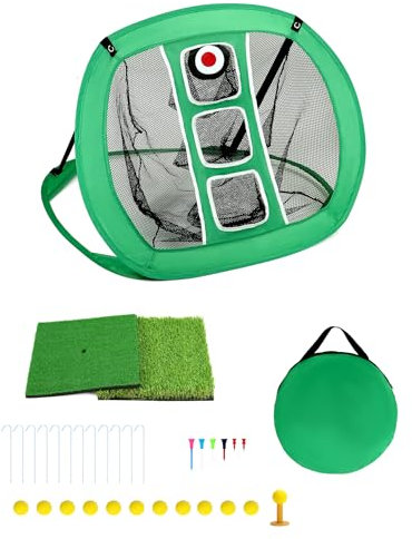 QWORK Pop-Up-Golf-Chipping-Netz, 78,7 x 66 cm, Golf-Übungsnetz mit 2 Golfmatten und 12 Trainingsbällen und Golf-Tees Zubehör, zusammenklappbares tragbares Golfschlagnetz