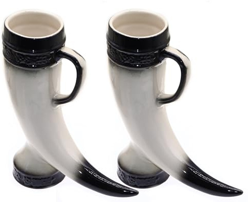 Verre à Bière Cornes Viking Set de 2 Tiki Mug Horn Gobelet Forme de Corne Verres à Cocktails TIKIS Lot de 2 Tasses en Céramique Inspiration Vikings Nordique