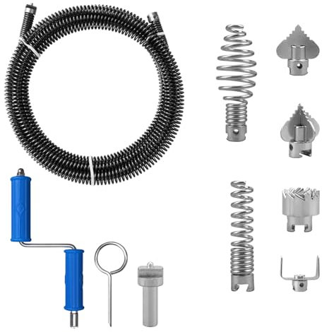 Sonda Sturatubi 5 metri di spirale, diametro 12 mm, con 6 pezzi di testa di taglio per la pulizia dei tubi e 1 adattatore manuale e 1 adattatore elettrico, Sonda Stura Lavandini e Scarichi in acciaio
