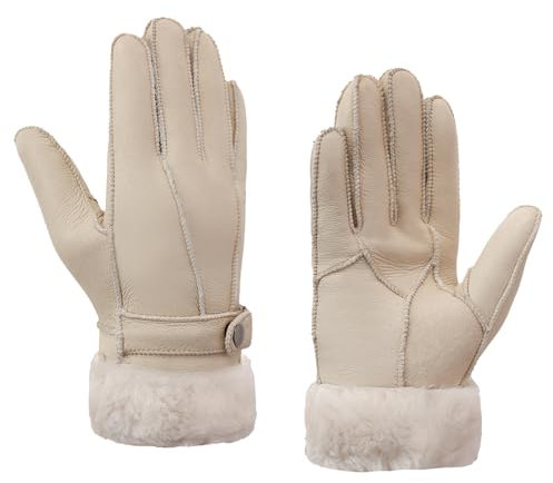 MGGMOKAY Damen Shearling Handschuhe Damen Lederhandschuhe Shearling Warme Winterhandschuhe,Beige,S