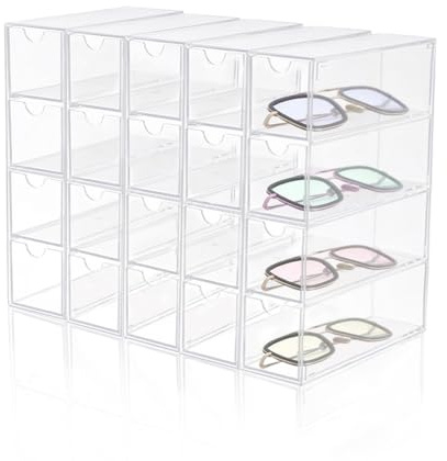 RETON Paquete de 5 organizadores acrílicos para lentes de sol, estuche transparente para gafas con 20 cajones, organizador de almacenamiento acrílico apilable para almacenamiento de gafas, estuche de
