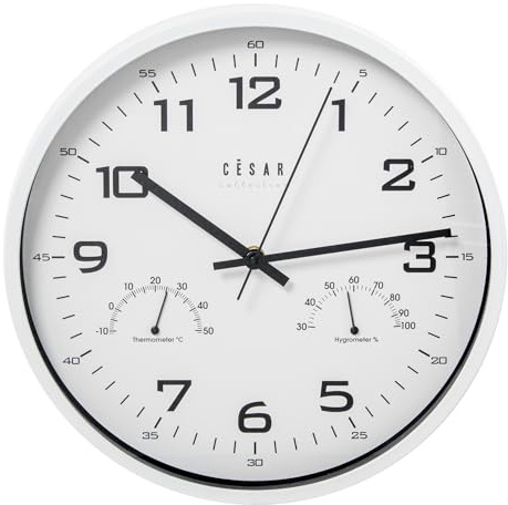 DRW Horloge Murale Acrylique avec thermomètre, hygromètre et Cadre Blanc 30 x 4 x 30 cm