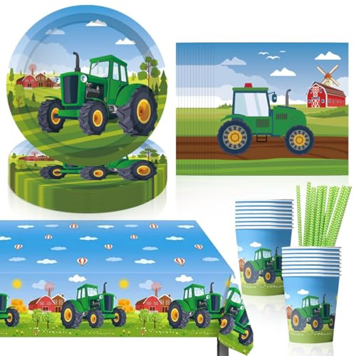 Traktor Partygeschirr Kindergeburtstag, 65 Stück Partygeschirr Set, Traktor Geburtstag Deko Set, Pappteller Kindergeburtstag Set mit Becher Servietten Strohhalme für 16 Personen