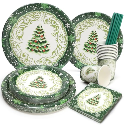 PARTY GO 125 Stück Geschirr Weihnachten, Teller Servietten und Becher Weihnachten Strohhalme Grüne Party Tischdeko mit Weihnachtsbaum Muster, für 25 Gäste,für Party Geburtstag Deko Kinder
