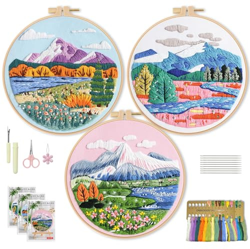 WIVLAX 3 Pack Embroidery Kit for Adults Beginners, DIY Mountain Landscape Pattern Stitch Craft Set with Hoop, Thread & Needles, Hand Embroidery Starter Kit for Women Teens, Ideal Sewing Gift Idea