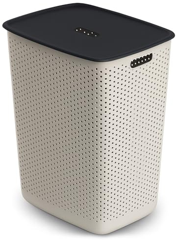 EDANTI Wäschekorb mit Deckel Wäschesammler Wäschebox Wäschebehälter Rattan Kunststoff Ergonomischen Griffen 60L (Weiß)