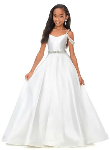 Jirocum Flower Girls Satin Rhinestone Pageant Dresses Princess A Line Floor Length Formal Wedding Party Communion Gowns,White,US Size 16