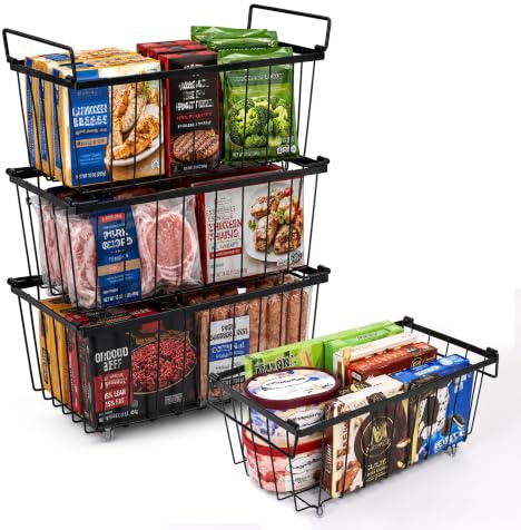 Freezer Baskets for Chest Freezers 4 Pack, Stackable Metal Freezer Storage Organiser Bins with Handles for 198L Deep Freezer, Wire Basket Design for Better Air Circulation and Quick Access