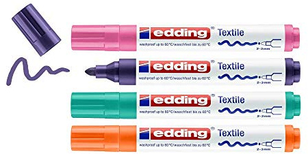 edding 4500 Marcatore per Tessuti - Per scrivere, colorare e disegnare sulla stoffa e.g. t-shirt e cuscini - Resistente ai lavaggi - Blister 4 colori Fun - Tratto 2-3 mm