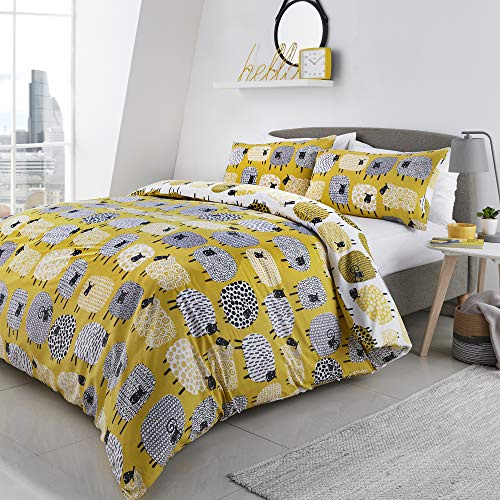 Fusion Dotty Sheep Print Reversible Duvet Cover Set, Ochre, Single, Oyster, Gray, White, Green