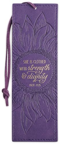 Christian Art Gifts Vegan Leather Scripture Bookmark for Women: Strength and Dignity - Proverbs 31:25 Inspirational Bible Verse Heat-Debossed, Faith-Based Reading Accessory w/Tassel, Purple Sunflower