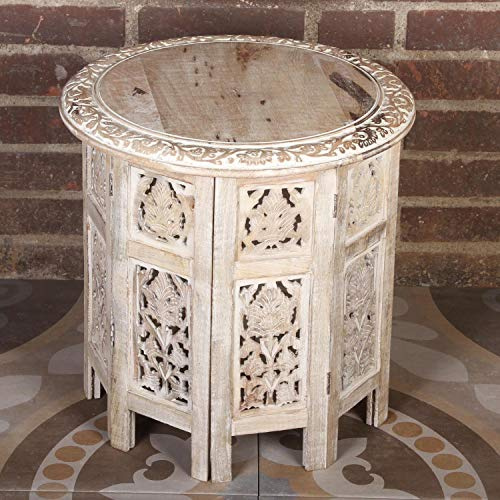 Casa Moro Orientalischer Beistelltisch Nassiba 46x46x46 cm (B/T/H) rund in Shabby weiß aus Massivholz Mango geschnitzt | Vintage Sofatisch Couchtisch | NH09204