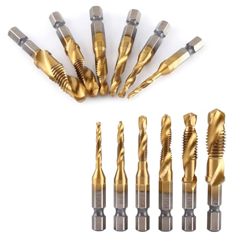 Brocas y machuelos HSS, 6 piezas de rosca métrica M3-M10 Brocas y brocas HSS recubiertas de titanio Vástago hexagonal de 1/4 , Broca de acero de alta velocidad Eliminación de errores artificiales, má