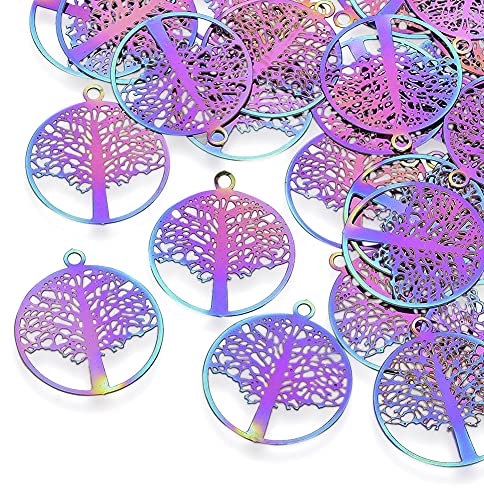 PandaHall - Ciondoli rotondi in filigrana, in acciaio INOX, con albero della vita, multicolore e filigrana cava, decorazioni in metallo inciso, per e per creare gioielli