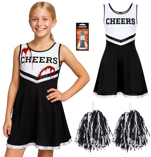 REDSTAR Cheerleader Kostüm Kinder mit Pompons & Kunstblut – Gruseliger High School Zombie – Faschingskostüme Mädchen –Halloween Party oder Karneval