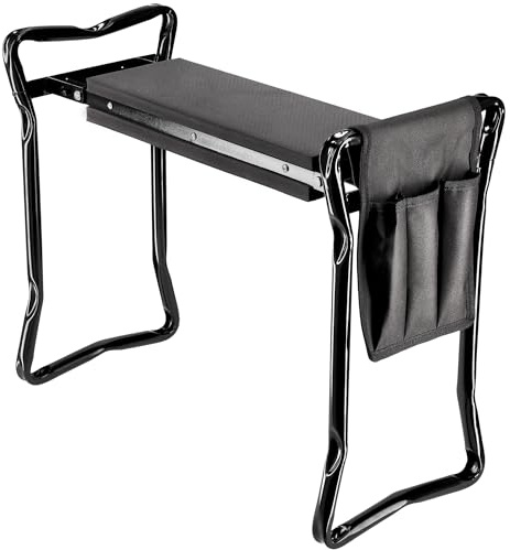 KADAX Tabouret de jardin pliable avec coussin en mousse - 59,5 x 49 x 27,5 cm - Pour le jardinage, le jardin, les genoux - Noir