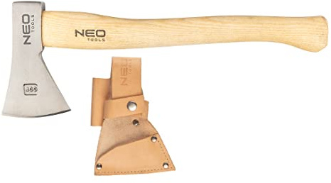 NEO TOOLS Bushcraft Beil Campingaxtlänge, Gewicht 400g, Lederbeutel | Eschengriff, Kohlenstoffstahl C55, HRC 50-55, Gesenkgeschmiedete, Polierte Klinge, Camping Outdoor, Axt Äxte Hatchet Beil