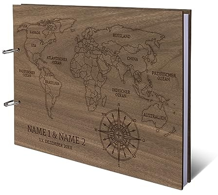 Hochzeit Gästebuch Nussbaum Amerikanisch Ringbuch mit individueller Lasergravur Holzcover 72 Blatt | 144 Seiten DIN A4 quer - Weltkarte