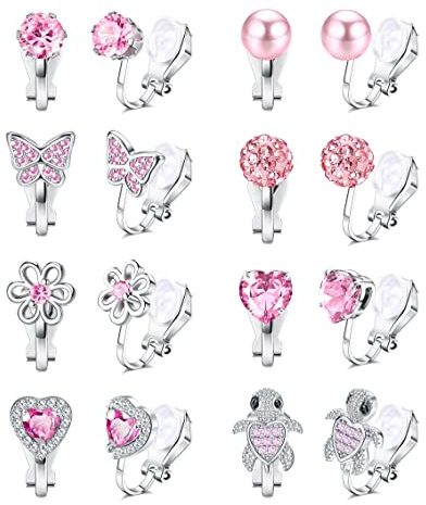 JeweBella 8 Paar Ohrclips Kinder Mädchen Clip on Ohrringe Ohne Ohrloch Herz Stern Blumen Regenbogen Schildkröten Niedlich Rosa Hypoallergene Ohrclips für Ohne Ohrlöcher Schmuck für Kinder Mädchen
