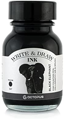 Octopus Write and Draw Ink 347 Black Elephant, wasserfeste Tinte zum Schreiben und Zeichnen, Kalligraphietinte, lichtechte Zeichentusche für Füllhalter, schwarz, 50 ml
