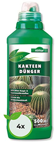 ALLFLOR Kakteendünger flüssig- und Sukkulentendünger für alle Kakteen , Aloe Vera Pflanze und dickblättrigen Pflanzen Sukkulenten I Flüssigdünger mit extra Kalium I Weiß, 4 x 500 ml